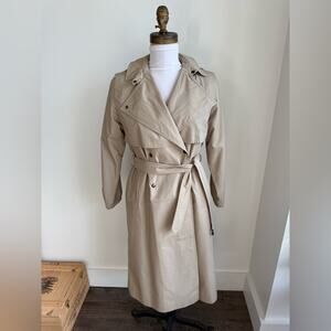 VINTAGE CLASSIC TAN BELTED TRENCH COAT WIDE LAPEL REMOVABLE LINING PETITE